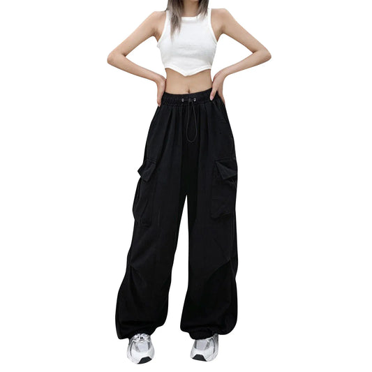 Pantalones Rectos Harajuku Mujer | Streetwear Negro Multi-Bolsillos Cintura Alta Pierna Ancha