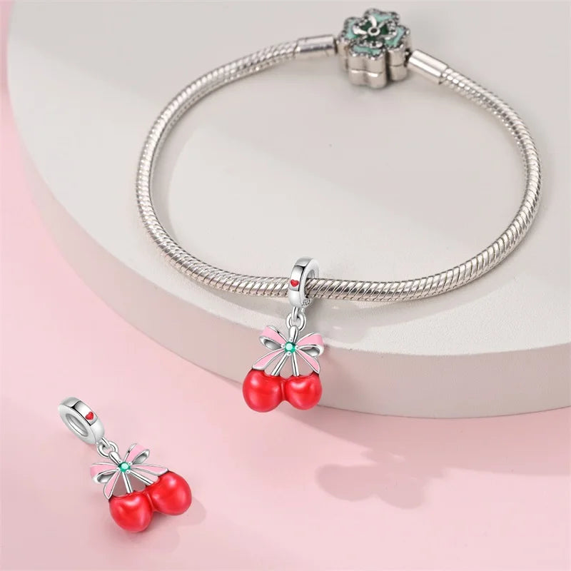 Charms de Plata 925 Frutas (Fresa, Cereza, Manzana y Aguacate) – Abalorios Coloridos para Pulseras Originales