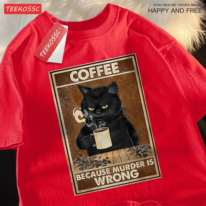 Camiseta Oversize “Because Murder Is Wrong” – T-shirt Black Cat, Algodón Transpirable, Streetwear Unisex, Manga Corta