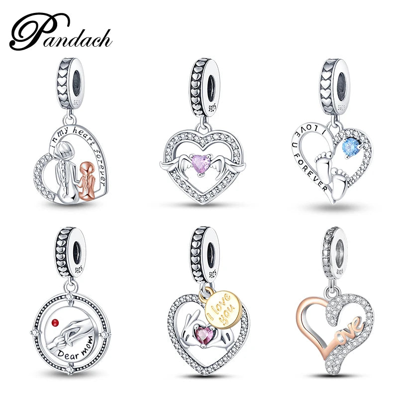 Charm Corazón Mamá e Hija en Plata 925 – Colgante Clásico para Pulseras Tipo Pandora, Regalo Día de la Madre