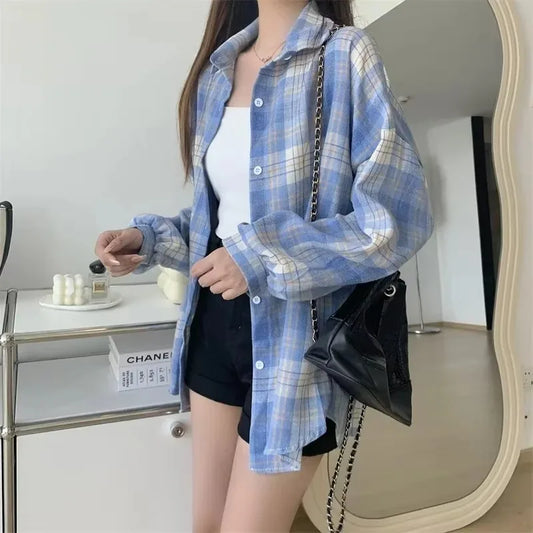 Camisa de Cuadros Mujer | Blusa Vintage Manga Larga Suelta Estilo Preppy Otoño