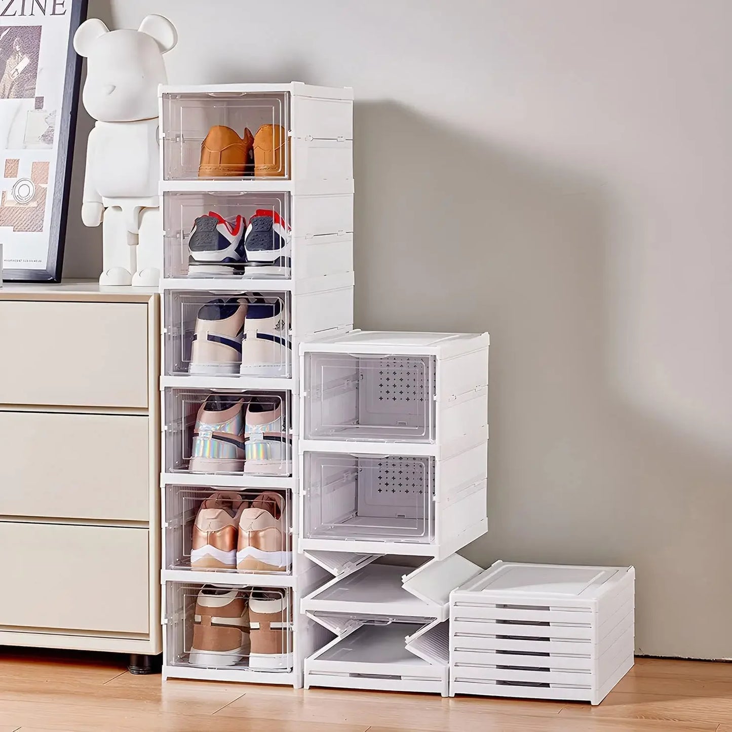 Organizador de Zapatos Plegable 3/6 Niveles – Caja Transparente Apilable y Antipolvo | Mueble Zapatero de Plástico