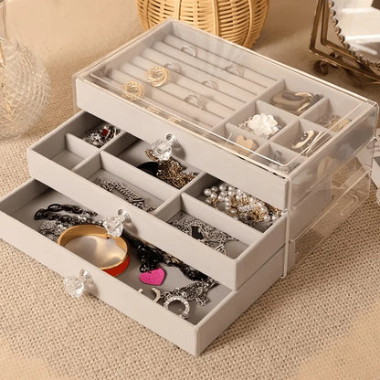 Joyero de Terciopelo y Acrílico con 3 Cajones Apilables | Organizador de Joyería para Collares, Pulseras y Aretes