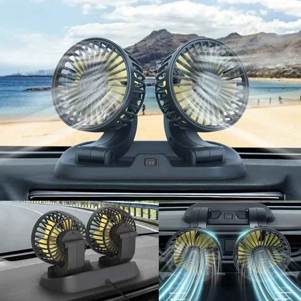 Ventilador de Coche Multi-Voltaje | Doble Cabezal USB Enfriador | 2 Velocidades Ajustables | Compatible 5V/12V/24V | Ventilación Automática