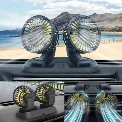 Ventilador de Coche Multi-Voltaje | Doble Cabezal USB Enfriador | 2 Velocidades Ajustables | Compatible 5V/12V/24V | Ventilación Automática