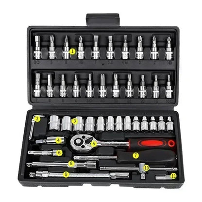 46/53pcs Juego de Dados y Llaves de Trinquete 1/4” – Kit de Herramientas Mecánicas para Reparación de Autos