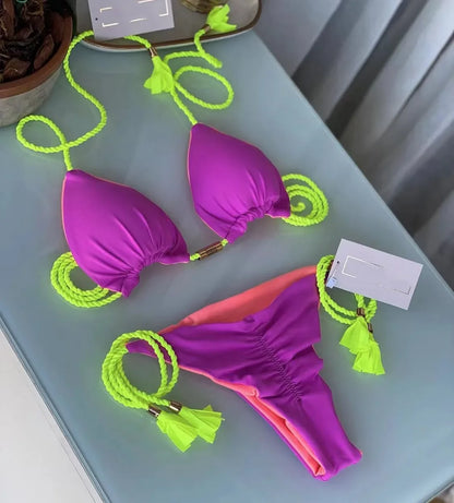 Bikini Mujer 2025 | Triángulo Multicolor Sin Espalda con Cordón