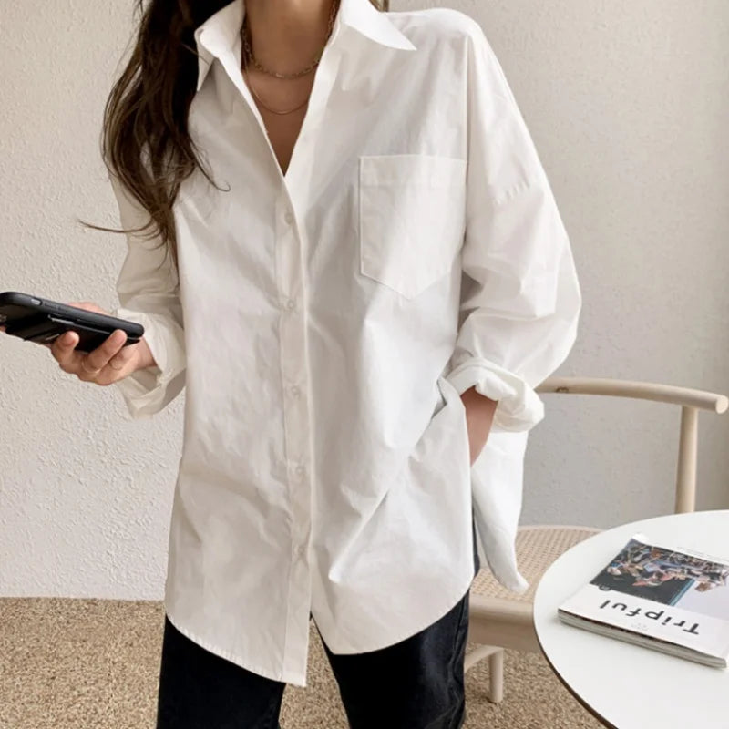 Blusa Mujer Elegante Oficina | Camisa Blanca Casual Algodón Manga Larga Cuello Camisero