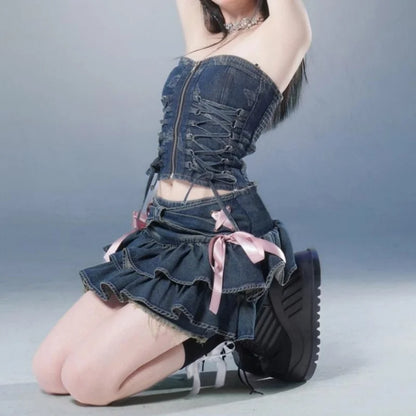 Falda Corta Plisada Mujer Denim Azul | Diseño con Lazo y Shorts Internos Estilo A-Line