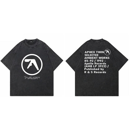 Camiseta Hombre Aphex Twin | Estampado Negro Lavado | Algodón Oversized Estilo Coreano Y2K