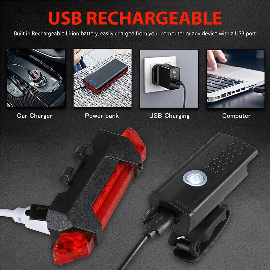 Set Luces Bicicleta USB Recargables – Luz Delantera y Trasera LED, 4 Modos, MTB y Carretera