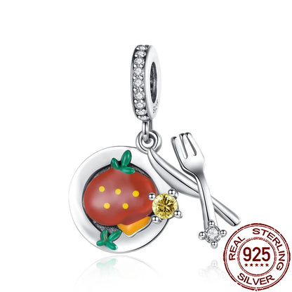 Charm Comida Divertida en Plata 925 – Café, Pastel, Frutas, Hamburguesa y Papas | Compatible Pandora 2025
