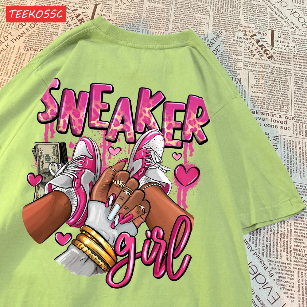 Camiseta Oversize Mujer Algodón | Estampado Zapatillas Rosas Casual Juvenil