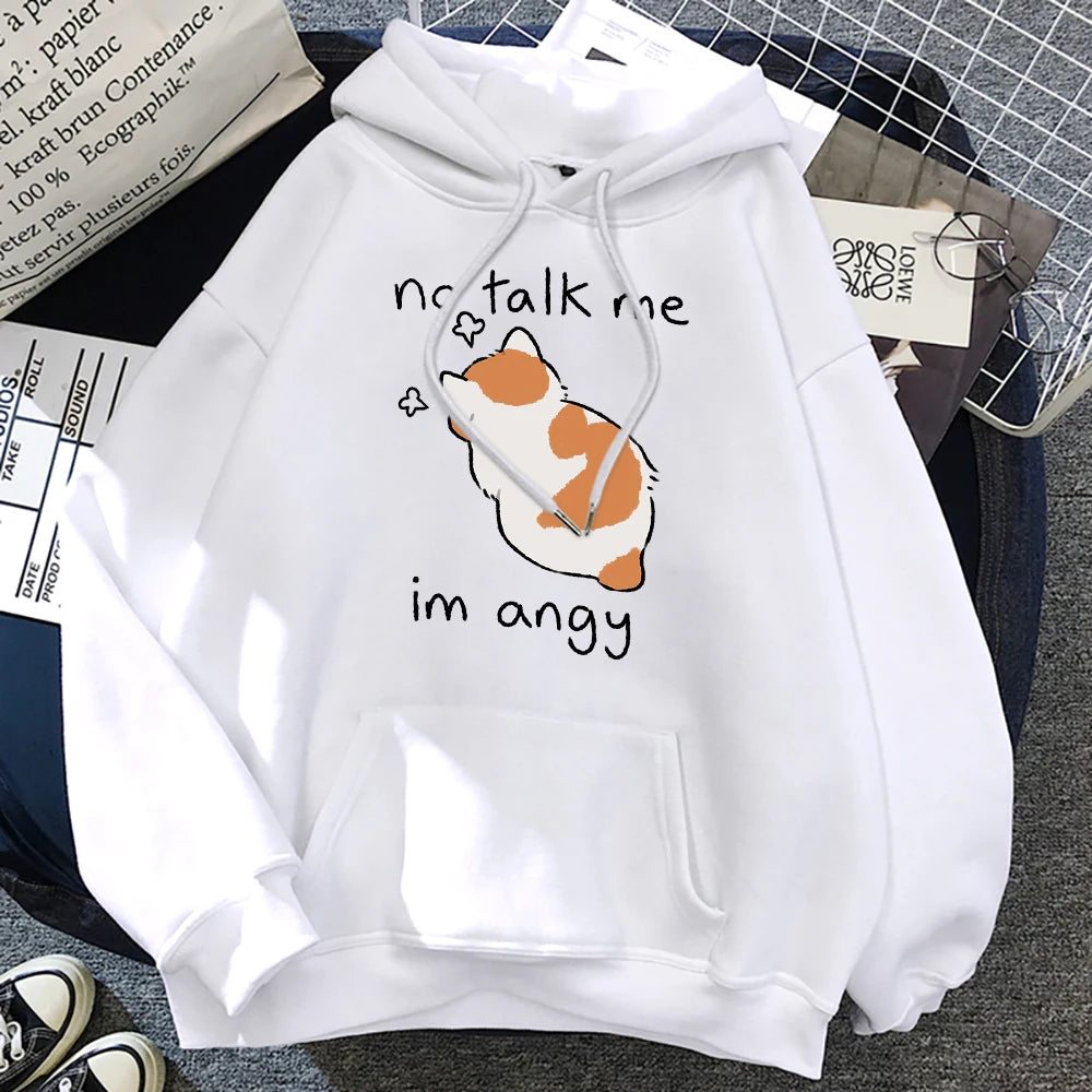Hoodie Oversize Mujer Algodón | Sudadera Gato Enojado Hip Hop Streetwear Casual