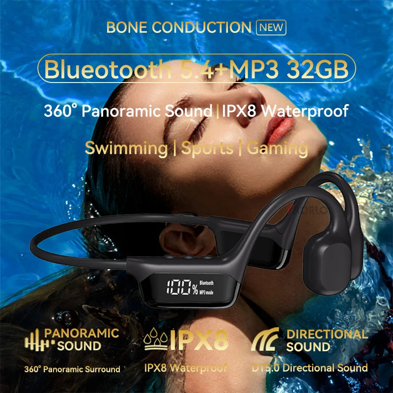 Auriculares de conducción ósea S10 Bluetooth 5.4 – Inalámbricos, impermeables IPX8, con MP3 y 32GB