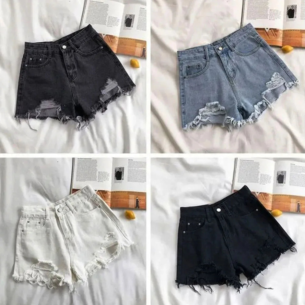 Shorts Vaqueros Mujer Cintura Alta | Denim Azul Coreano con Flecos y Detalles Y2K