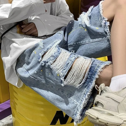 Bermudas Vaqueras Oversize Hombre Talla Grande | Shorts Baggy Holgados con Bolsillos y Roturas Estilo Emo Casual