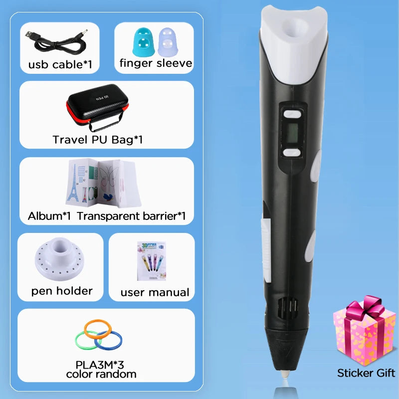 Kids 3D Printing Pen con Pantalla LCD y Stickers – Compatible con Filamento PLA, Seguro y Creativo, Regalo de Cumpleaños para Niños y Niñas