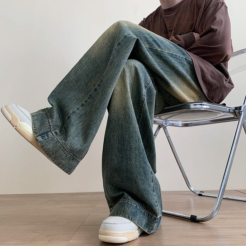 Jeans Azules Vintage Desgastados Hombre | Pantalones Vaqueros Baggy Rectos Oversize Wide-Leg Moda Streetwear Casual