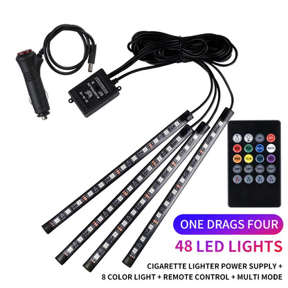 Kit de Luces LED Neón RGB para Interior de Coche | Tiras Decorativas con Control Remoto, App y Modo Música
