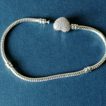 Pulsera corazón plata con circonias – Brazalete brillante de amor para mujer, joyería elegante compatible con charms