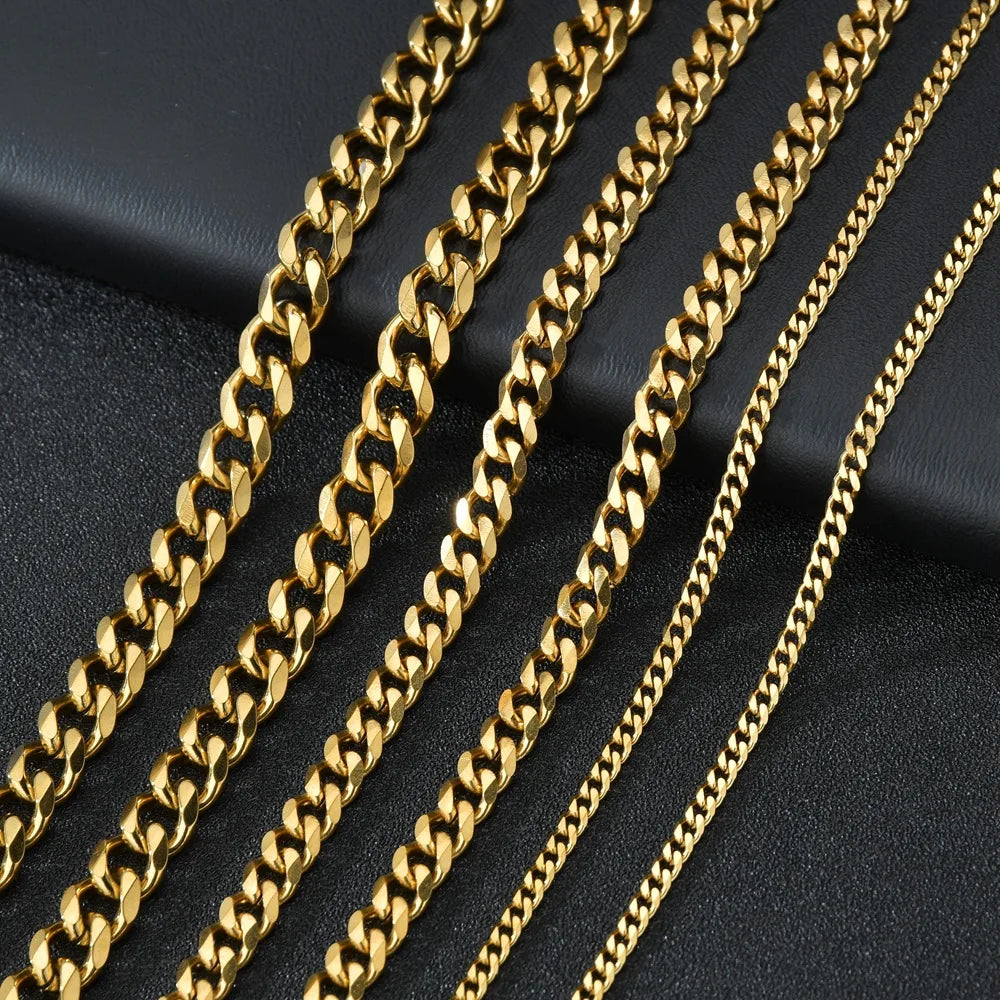 Collar Cadena Cubana de Acero Inoxidable Unisex - 3.5MM 5MM 7MM en Negro y Dorado
