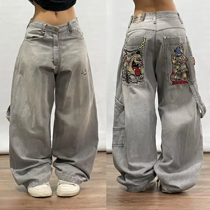 Jeans Streetwear de Cintura Alta para Hombre – Pantalones Oversize Y2K Retro Harajuku con Bordados Estilo Hip Hop Gótico