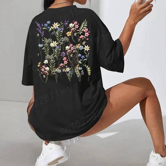 Camiseta Oversize Mujer Retro | Algodón Puro Estampado Flores Silvestres Vintage