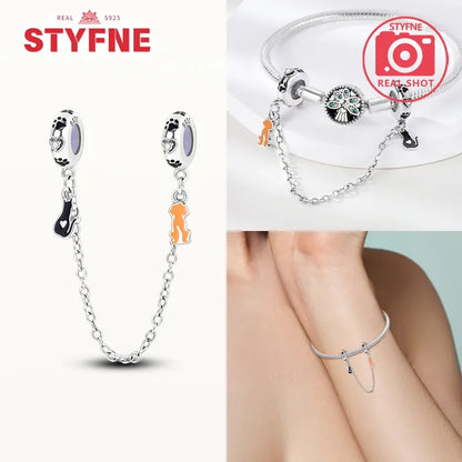 Charm Gato con Corazón de Plata 925 | Cadena de Seguridad para Pulseras Pandora Mujer