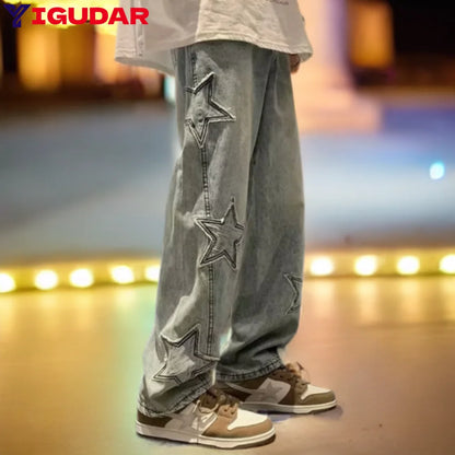 Jeans Hombre Bordado Estrella | Pantalones Rectos Anchos Hip Hop Streetwear Y2K Juvenil Unisex