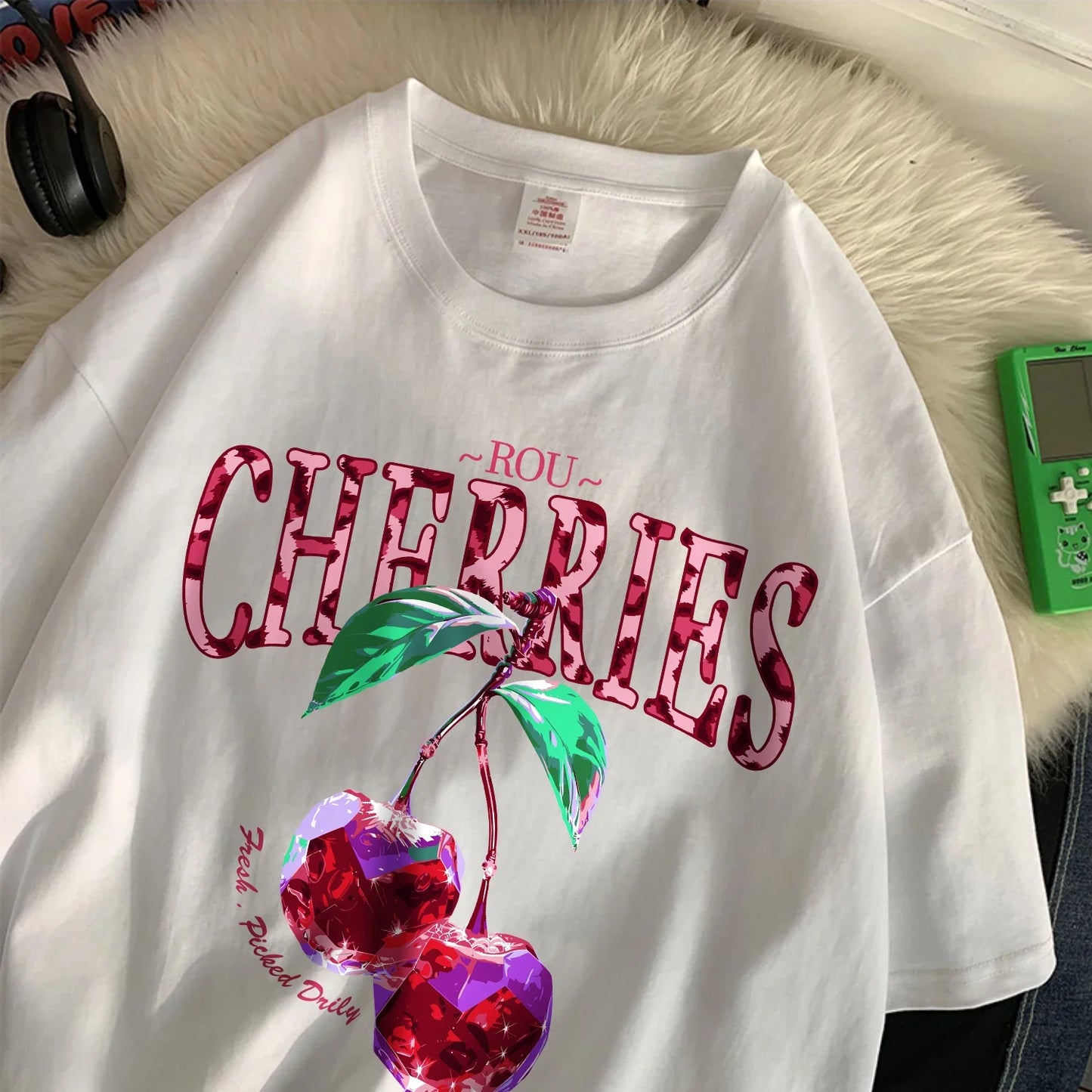 Camiseta Oversize Mujer Algodón | Estampado Cerezas Cristal Morado Casual Verano