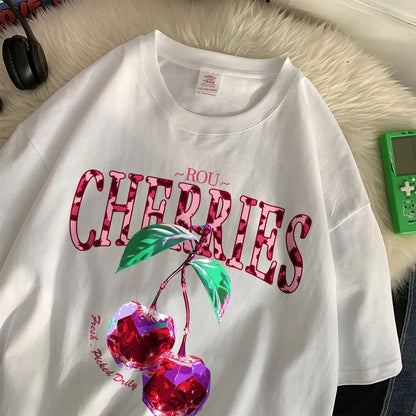 Camiseta Oversize Mujer Algodón | Estampado Cerezas Cristal Morado Casual Verano