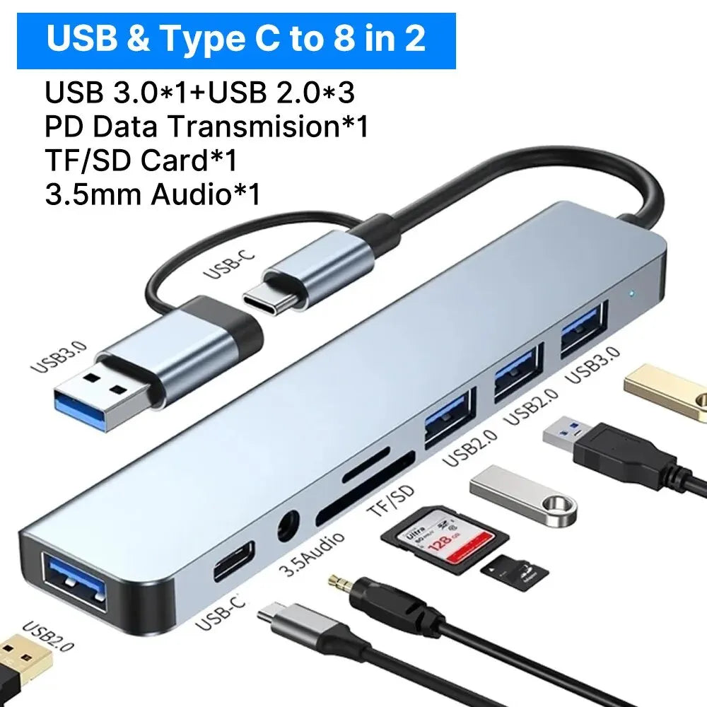 8 en 2 HUB USB-C Docking Station – Adaptador con Lector SD/TF, Jack 3.5mm, USB 3.0, USB 2.0 y Power Delivery para Laptop/Tablet/Smartphone