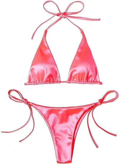 Bikini Brasileño Halter Mujer | Satinado Metálico Push Up 2 Piezas