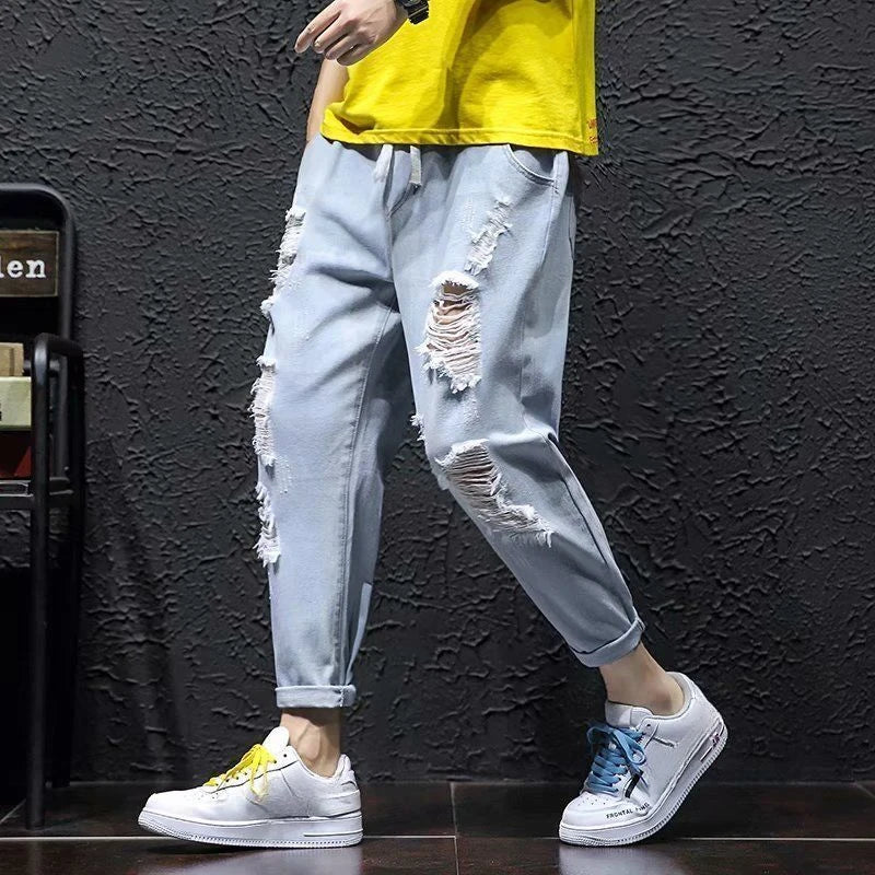 Jeans Oversize Hombre Cropped Verano | Vaqueros Rotos Tallas Grandes Moda Coreana