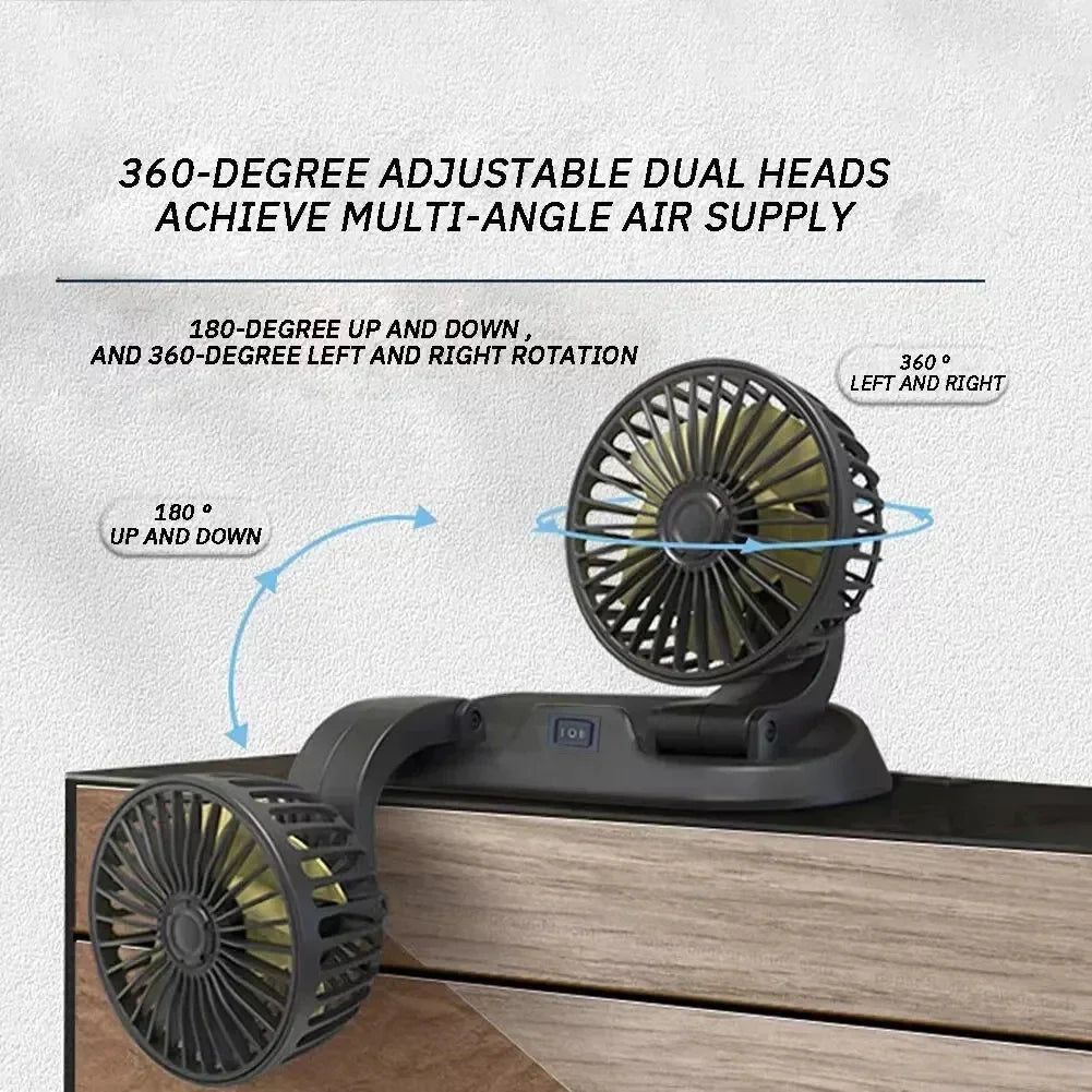 Ventilador de Coche Multi-Voltaje | Doble Cabezal USB Enfriador | 2 Velocidades Ajustables | Compatible 5V/12V/24V | Ventilación Automática
