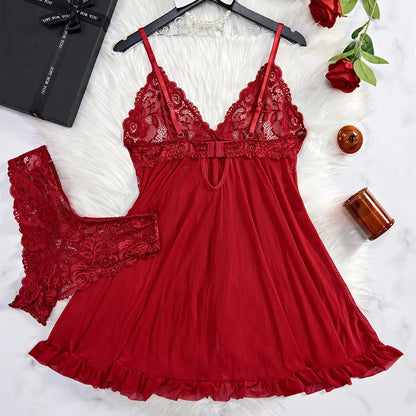 Lencería Sexy Mujer Roja Transparente | Baby Doll de Encaje con Tanga Conjunto Noche