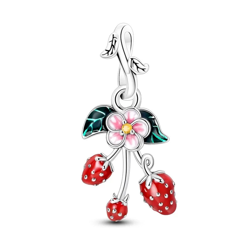 Charms de Plata 925 Frutas (Fresa, Cereza, Manzana y Aguacate) – Abalorios Coloridos para Pulseras Originales