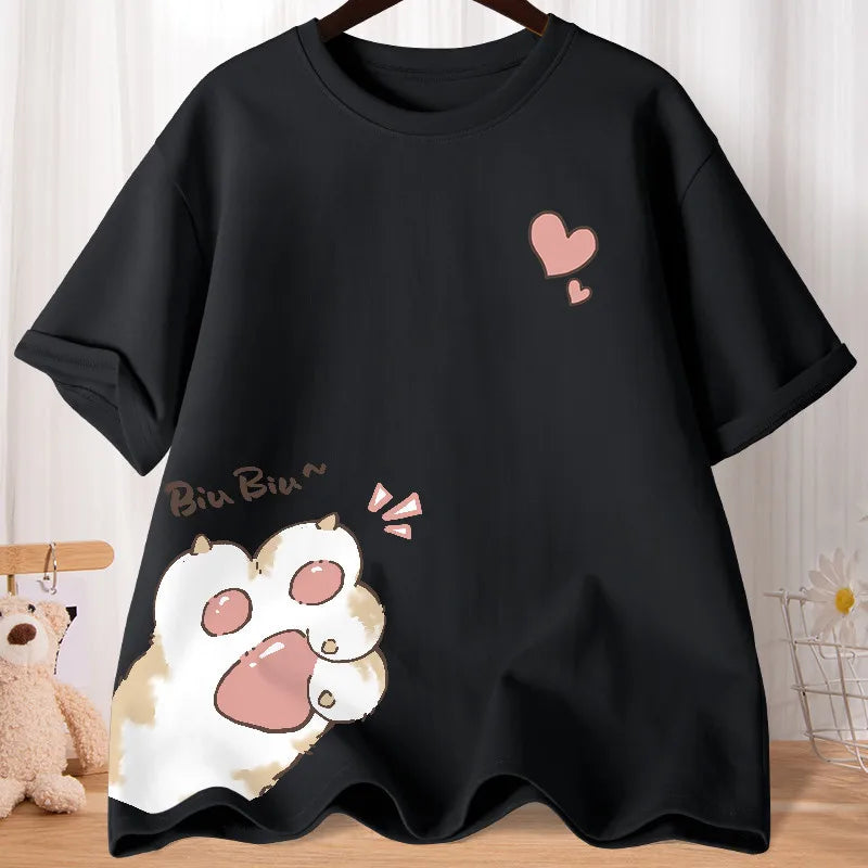 Camiseta Oversize Mujer Verano | Estampado Gatito Huella Amor Manga Media Casual