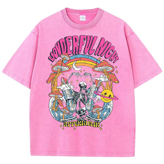 Camiseta Oversize Mujer Vintage | Estampado Esqueleto Mariposa Olas Streetwear