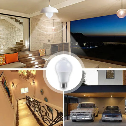 Bombilla LED E27 12W con sensor de movimiento PIR – Auto ON/OFF, luz cálida o blanca para hogar, garaje y exteriores
