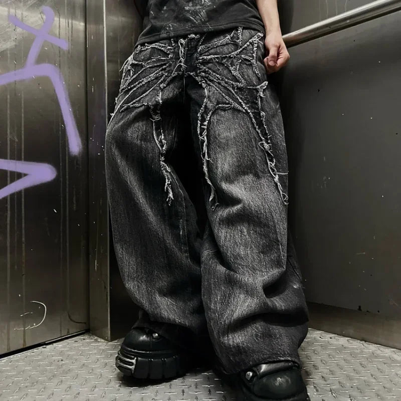 Jeans Oversize Y2K Phantom Unisex | Pantalones Baggy Estilo Hip Hop Streetwear con Parche Bordado Araña Gótico Retro