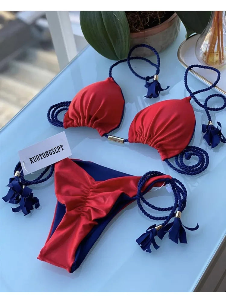 Bikini Mujer 2025 | Triángulo Multicolor Sin Espalda con Cordón