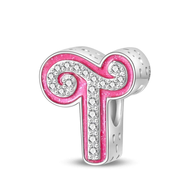 Charm letra alfabeto A-Z con circonias rosas en plata 925 – Abalorio elegante para pulseras tipo Pandora, joyería DIY personalizada