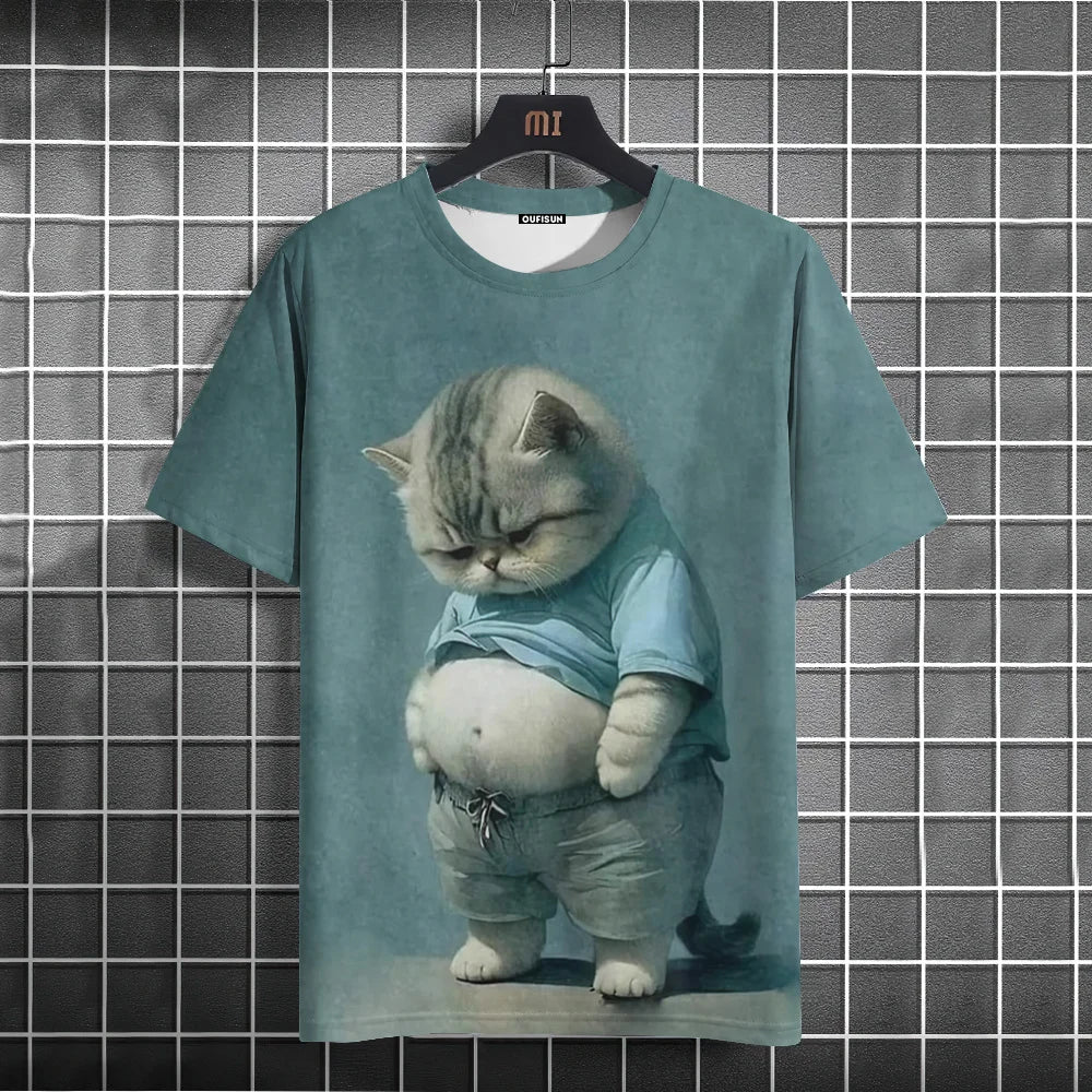 Camiseta Oversized Hombre y Mujer | Verano 2025 | Estampado Gato Divertido Manga Corta Cuello Redondo