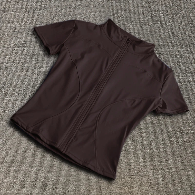 Camiseta Deportiva Mujer Verano | Top Slim Fit Secado Rápido Cuello Alto Cremallera Completa Yoga & Fitness