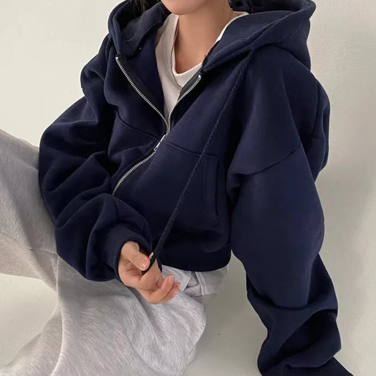 Sudadera Corta Mujer Azul Marino | Con Capucha Cremallera y Forro Polar Primavera Otoño
