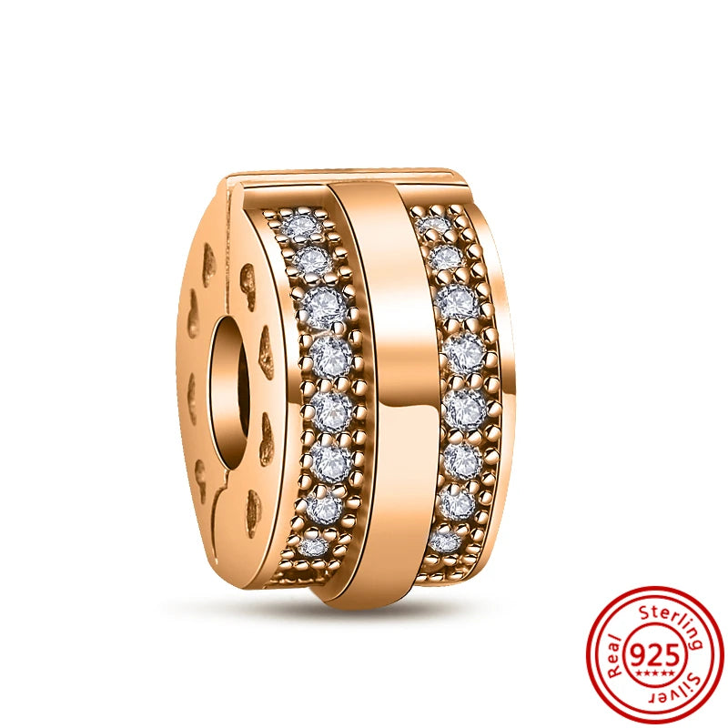 Charm Clip Plata 925 con Corazones, Corona y Concha | CZ Pavé Brillante | Compatible Pandora Original