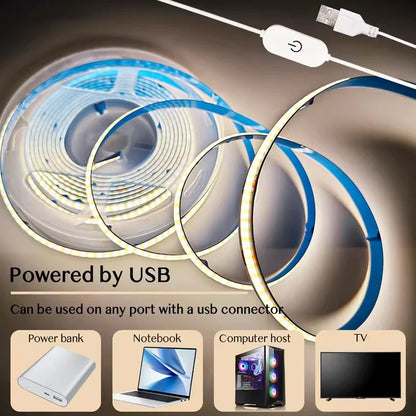 Tira LED COB USB 5V con Control Táctil – Luz Cálida o Blanca, 320 LEDs/m, Alto Brillo para TV, Espejos y Decoración