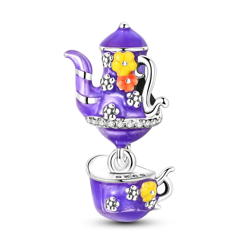 Charm de Plata 925 Trébol Azul Degradado y Flor Iris Rosa – Abalorio Elegante para Pulseras Originales